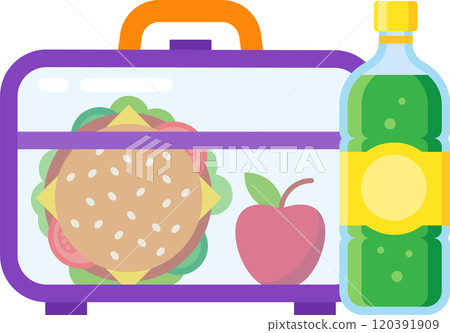 Purple lunchbox containing a hamburger, an apple and a bottle of green juice, suggesting a healthy and convenient meal for school or work 120391909
