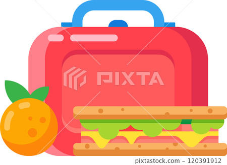 Red lunchbox with blue handle next to a sandwich and an orange representing a healthy school lunch, packed meal, or snack 120391912