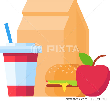 Lunch bag with a cheeseburger, a soda and an apple promotes a balanced and healthy school lunch, combining nutritious fruits with classic american favorites Lunch bag with a cheeseburger, a soda and an apple promotes a balanced and healthy school lunch, combining nutritious fruits with classic american favorites 120391913