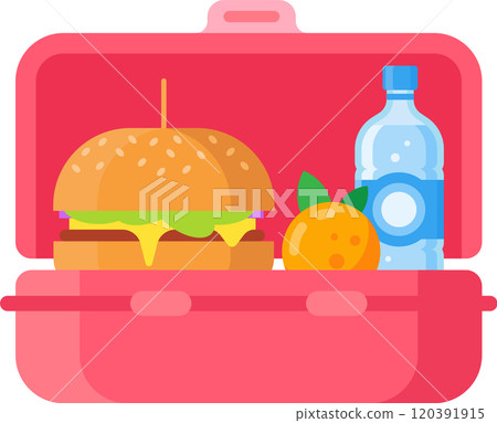 Pink lunchbox containing a burger, an orange and a bottle of water, representing a healthy and balanced meal for school or work 120391915