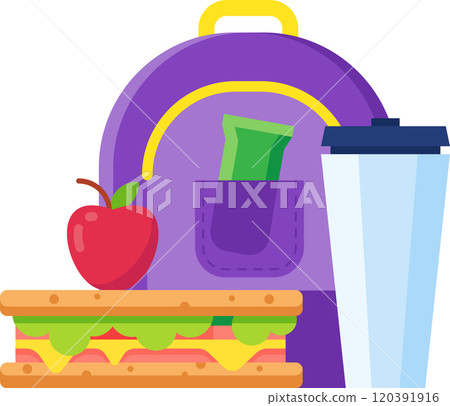 School backpack with a pocket containing a juice box, accompanied by a sandwich and an apple, representing a healthy and nutritious school lunch 120391916