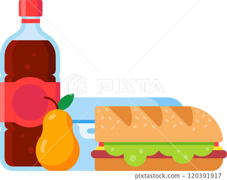 School lunch with a sandwich, a pear, a bottle of soda and a lunchbox representing a healthy and balanced meal for students 120391917