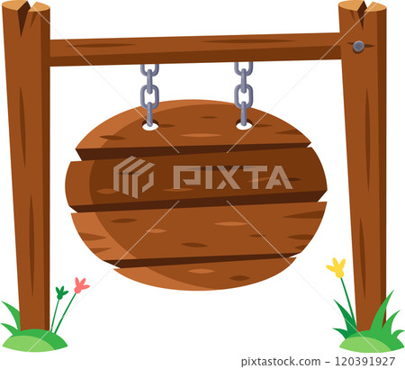 Wooden sign hanging from two wooden posts with chains and grass at the base, perfect for displaying messages and information Wooden sign hanging from two wooden posts with chains and grass at the base, perfect for displaying messages and information 120391927