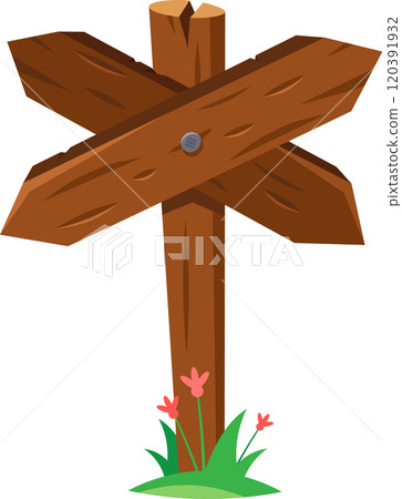 Empty wooden signpost with four arrows pointing in different directions, standing in green grass with pink flowers at its base, isolated on white background 120391932