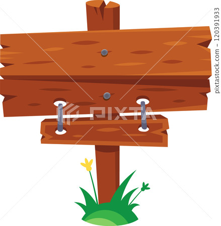 Cartoon wooden road sign with two planks indicating different directions, standing on a patch of grass with flowers, offering space for custom messages and directions Cartoon wooden road sign with two planks indicating different directions, standing on a patch of grass with flowers, offering space for custom messages and directions 120391933