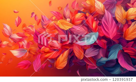 Colorful autumn leaves on vibrant orange background 120391937