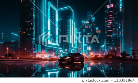 Futuristic car in neon-lit cyberpunk cityscape Futuristic car in neon-lit cyberpunk cityscape 120391964