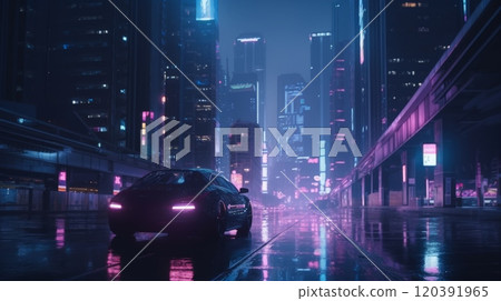 Futuristic car in neon-lit rainy city at night Futuristic car in neon-lit rainy city at night 120391965