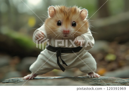 Cute hamster in karate outfit posing outdoors 120391969