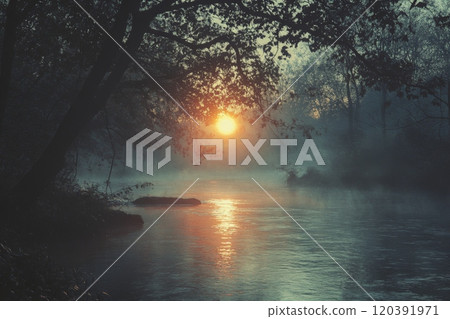 Sunrise over misty river in serene forest 120391971