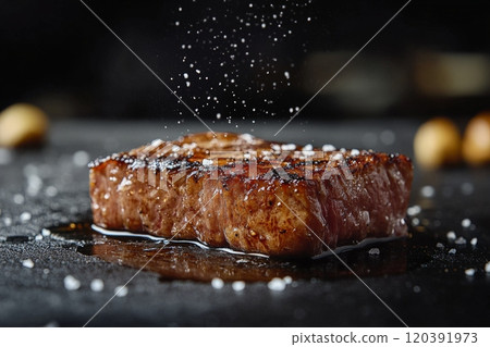 Salt sprinkled on sizzling grilled steak close-up 120391973