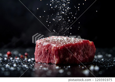 Raw steak with salt and pepper being sprinkled 120391975