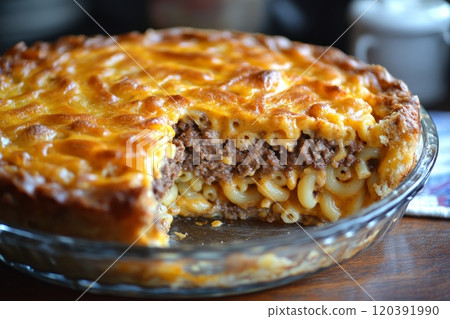 Cheesy macaroni and ground beef casserole slice Cheesy macaroni and ground beef casserole slice 120391990
