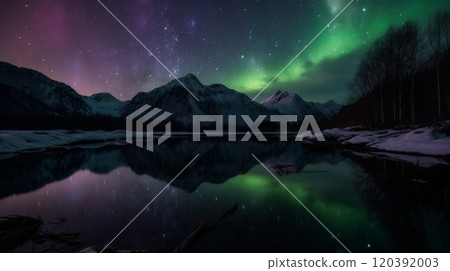 Aurora borealis over snowy mountains and reflective lake 120392003