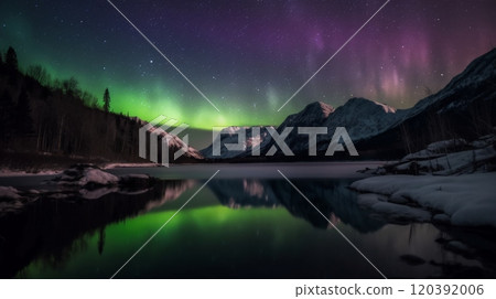 Northern lights reflecting on serene mountain lake 120392006