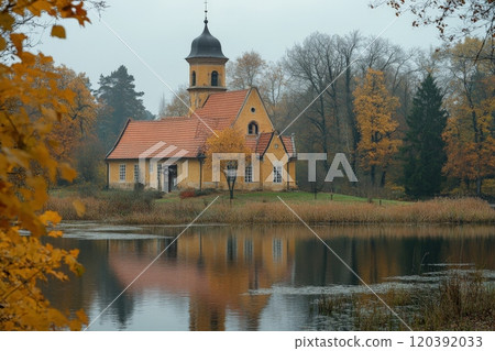 Charming countryside church by a lake in autumn 120392033