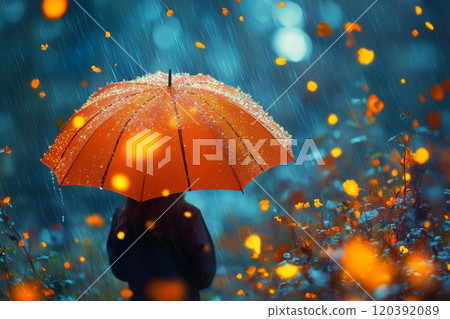 Person with red umbrella in rainy field 120392089