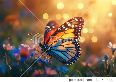Vibrant monarch butterfly on flowers at sunset 120392090