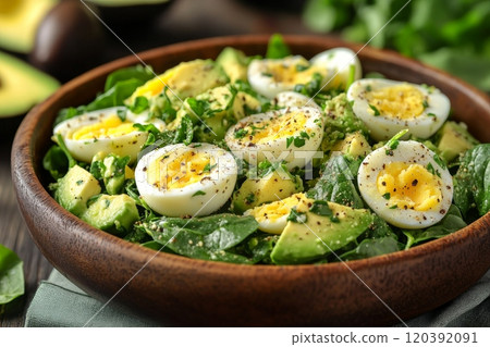 Healthy avocado and boiled egg spinach salad 120392091