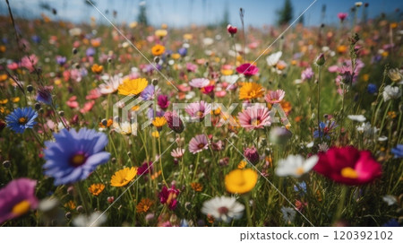 Vibrant wildflower field with colorful blooms Vibrant wildflower field with colorful blooms 120392102