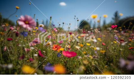 Colorful wildflower meadow under clear blue sky 120392103