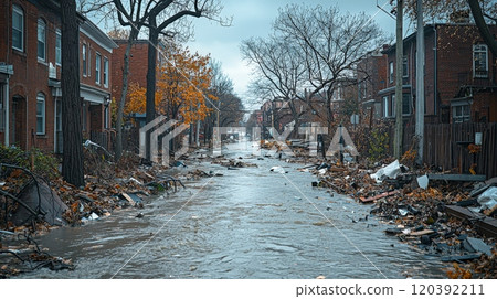 Flooded residential street with debris and destruction 120392211