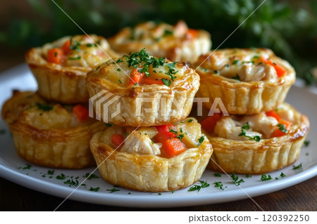 Mini puff pastry tarts with savory filling 120392250