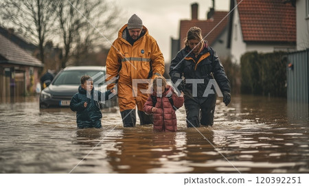 Family walking through flooded neighborhood in rain 120392251