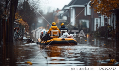Rescue team in inflatable boat navigating floodwaters 120392252