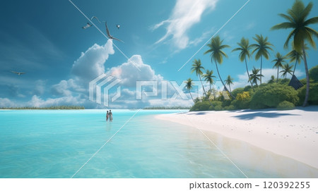 Couple walking in shallow tropical beach waters 120392255