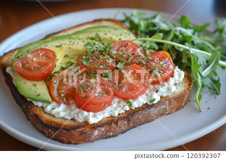 Avocado, tomato, and cottage cheese toast 120392307