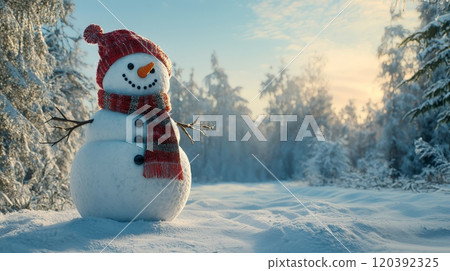 Cheerful snowman in winter forest at sunset Cheerful snowman in winter forest at sunset 120392325