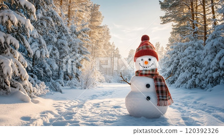 Smiling snowman in snowy forest with plaid scarf 120392326