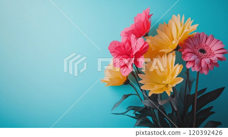 Bright bouquet of pink and yellow flowers on blue background Bright bouquet of pink and yellow flowers on blue background 120392426