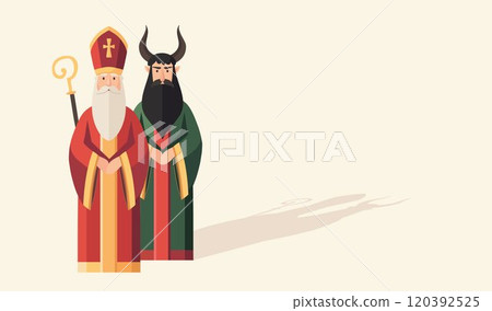 St. Nicholas day greeting card. Old Saint Nicholas with devil. Festive web banner. Winter background. Flat design, vector illustration. European Czech, German or Dutch tradition holiday 120392525