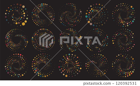 Colorful halftone round elements set, twisters collection, halftone circular textures with dots, circle halftone tornado isolated on black background 120392531