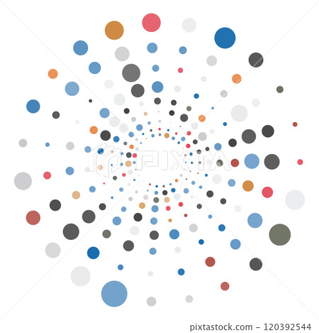 Colorful halftone round element, twister, halftone circular texture with dots, radial halftone tornado 120392544