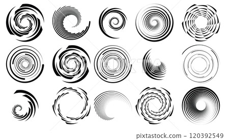 Striped halftone round elements, twisters, halftone circular textures with stripes, radial halftone tornado Striped halftone round elements, twisters, halftone circular textures with stripes, radial halftone tornado 120392549