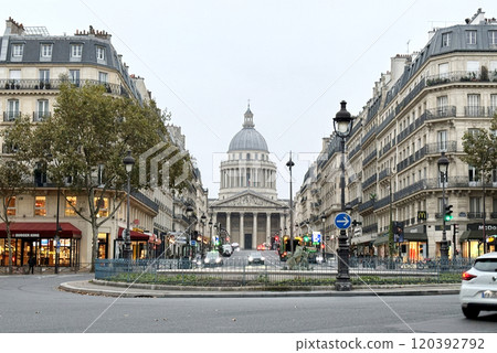 View of the Pantheon in the 5th arrondissement of Paris, France, seen from Rue Soufflot with the Luxembourg Gardens in the background View of the Pantheon in the 5th arrondissement of Paris, France, seen from Rue Soufflot with the Luxembourg Gardens in the background 120392792