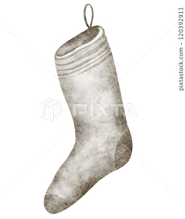 Vintage Christmas sock Watercolor isolated drawing on white background. Hand drawn Rustic stocking ,celebration decoration. Old-fashioned design with style Retro. 120392911