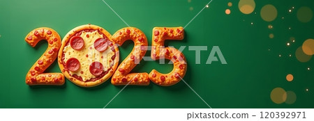 New Year's Eve Card 2025 from a Pizzeria, Pizza on a Green Background with Numbers 2025, Merry Christmas 2025 120392971