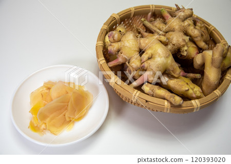 Pickled ginger on a plate Pickled ginger on a plate 120393020