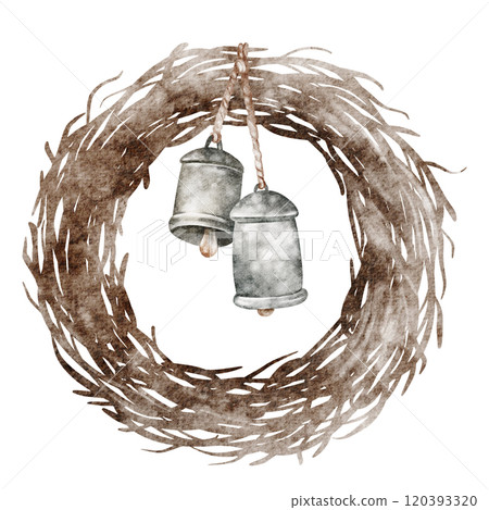 Watercolor Wreath of twig rattan a isolated white background isolated. Drawing of twisted vintage round Frame of vine with bells for invitations. Decoration for cards on holidays Christmas, Easter. Watercolor Wreath of twig rattan a isolated white background isolated. Drawing of twisted vintage round Frame of vine with bells for invitations. Decoration for cards on holidays Christmas, Easter. 120393320