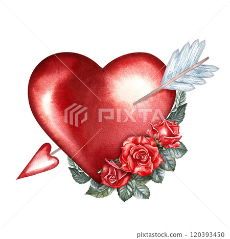 A red heart pierced by an arrow of cupid and rose. A hand-drawn watercolor illustration. For Valentine's Day and wedding. For postcards, prints and stickers. For flyers, posters and banners. 120393450