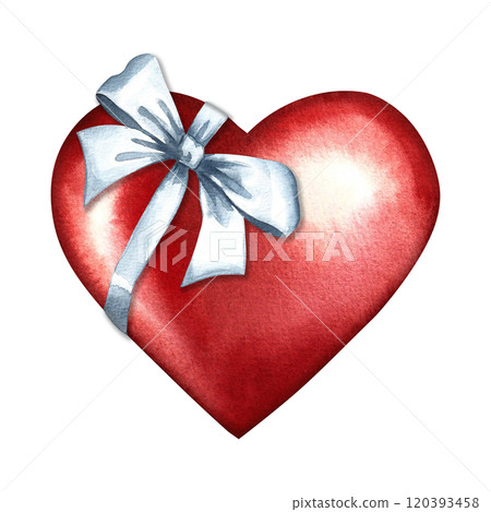 A red heart tied with a white ribbon bow. A hand-drawn watercolor illustration. Conceptual design for Valentine's Day and wedding. For postcards, prints and packaging. For flyers, banners, posters. 120393458