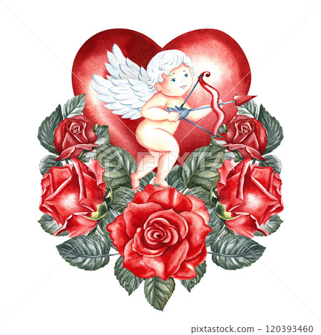 A flying cupid with a bow and arrow on the background of a red heart decorated with roses. Hand-made watercolor illustration. For Valentine's Day and wedding. For postcards, posters, greeting cards. A flying cupid with a bow and arrow on the background of a red heart decorated with roses. Hand-made watercolor illustration. For Valentine's Day and wedding. For postcards, posters, greeting cards. 120393460