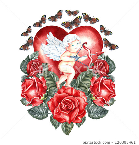 Cute little cupid on the background of a red heart with roses and butterflies. Hand-made watercolor illustration. For lovers, Valentine's day and weddings. For posters, greeting cards, prints and more Cute little cupid on the background of a red heart with roses and butterflies. Hand-made watercolor illustration. For lovers, Valentine's day and weddings. For posters, greeting cards, prints and more 120393461