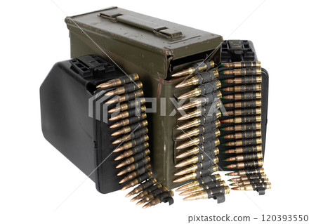 ammunition belts with cartridges in ammunition boxes 120393550
