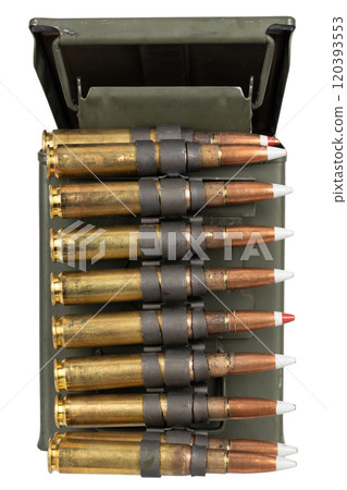 .50 BMG caliber ammunition belt with cartridges in ammunition can. 120393553