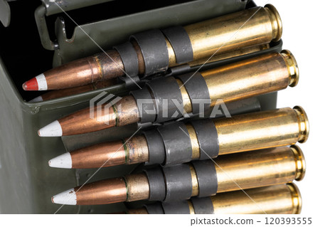 .50 BMG caliber ammunition belt with cartridges in ammunition can. .50 BMG caliber ammunition belt with cartridges in ammunition can. 120393555